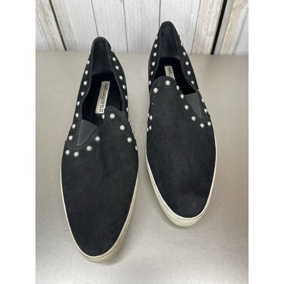 Karl Lagerfeld Paris Amory Suede Leather Black Pearl Slip On Shoes Size 10 - Picture 2 of 7